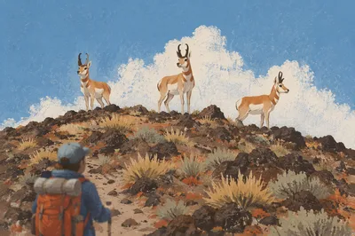 Backpacker Observing Antelope on Mountain Trail