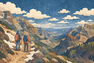 Backpack Hikers Overlooking Rugged Mountain Canyon