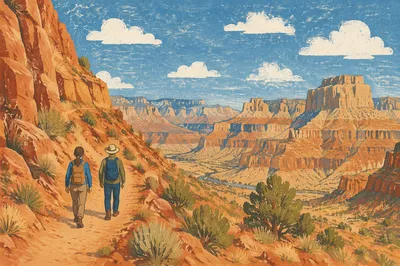Backpack Hikers on Red Rock Mountain Trail