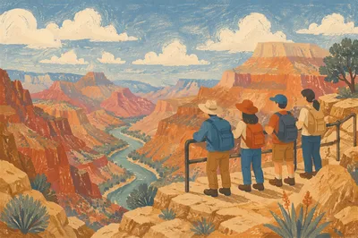 Backpack Hikers Overlooking Desert Mountain Canyon