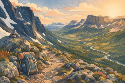 Backpack on Mountain Trail at Sunrise