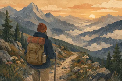 Solitary Hiker on Misty Alpine Trail