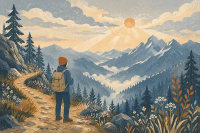 Lone Hiker Overlooking Misty Mountain Valley