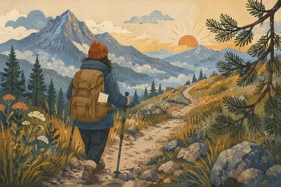 Peaceful Hiker on Misty Alpine Trail