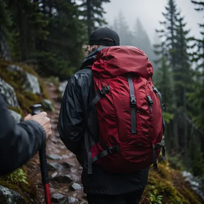 Red Backpack on Misty Mountain Trail