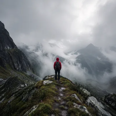 Lone Hiker on Misty Mountain Ridge