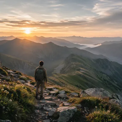Lone Hiker on Alpine Sunrise Trail