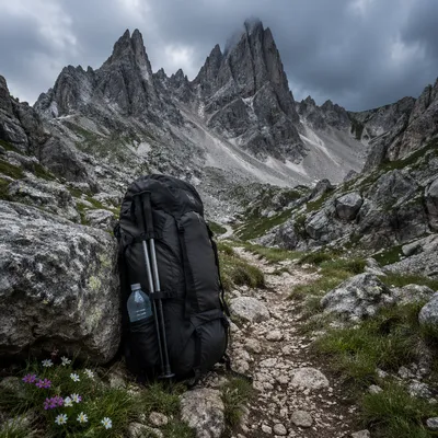 Backpack on Rocky Alpine Mountain Trail