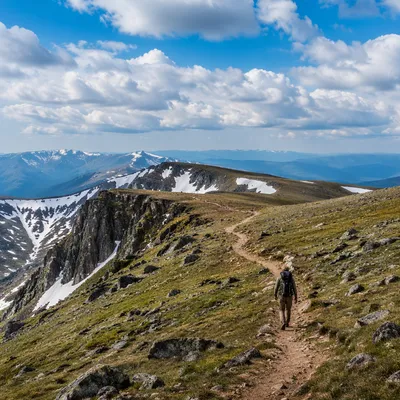 Lone Backpacker on Mountain Hiking Trail