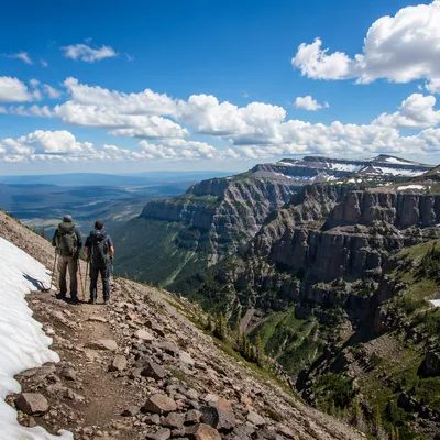 Backpack Hikers Overlooking Rugged Mountain Canyon
