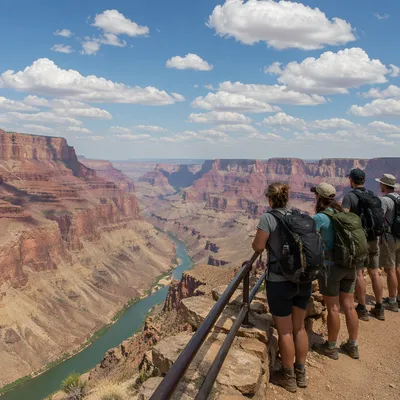 Backpack Hikers Overlooking Desert Mountain Canyon
