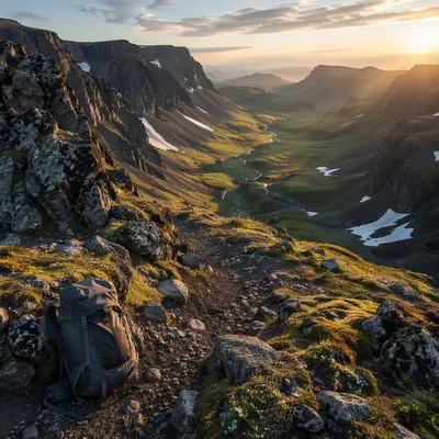 Backpack on Mountain Trail at Sunrise