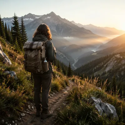 Solitary Hiker on Misty Alpine Trail