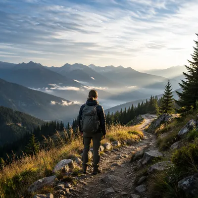 Lone Hiker on Misty Mountain Trail