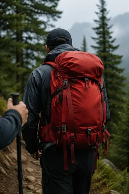 Red Backpack on Misty Mountain Trail