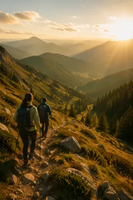 Hikers Descending a Sunrise Mountain Trail