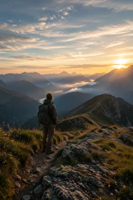Lone Hiker on Alpine Mountain Trail