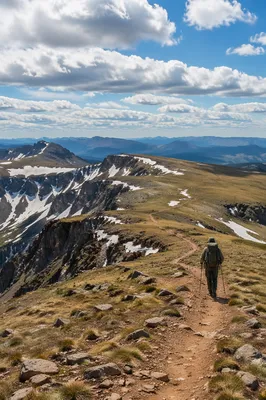 Lone Backpacker on Mountain Plateau Trail