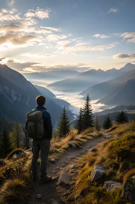 Lone Hiker on Misty Alpine Trail