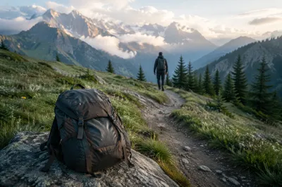 Backpack Beside Alpine Trail at Sunrise