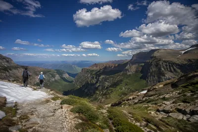 Backpack Hikers Overlooking Rugged Mountain Canyon