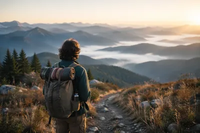 Solitary Hiker on Misty Alpine Trail