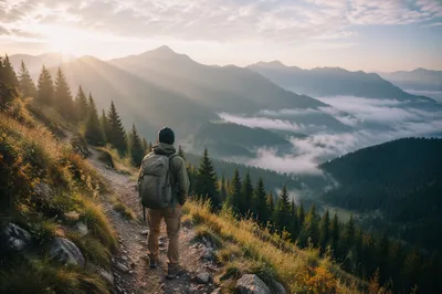 Lone Hiker Overlooking Misty Mountain Trail