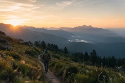 Solitary Hiker on Sunrise Mountain Trail