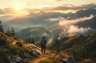 Solitary Hiker on Misty Mountain Trail