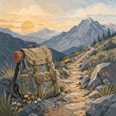 Backpack Resting on Mountain Trail at Dawn