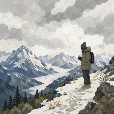 Lone Hiker on Snowy Alpine Ridge