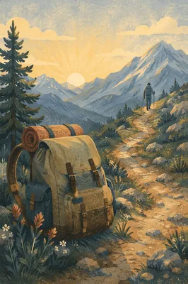 Backpack Resting on Mountain Trail at Sunrise