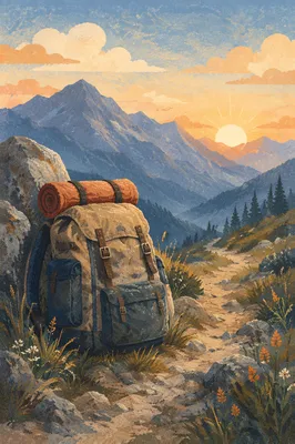 Backpack Resting on Mountain Trail at Dawn