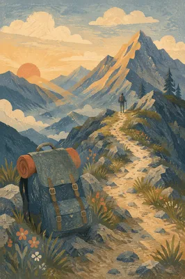 Backpack Resting on Mountain Trail at Dawn