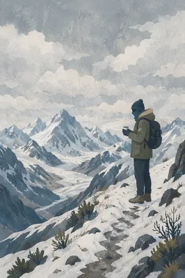 Lone Hiker on Snowy Alpine Ridge