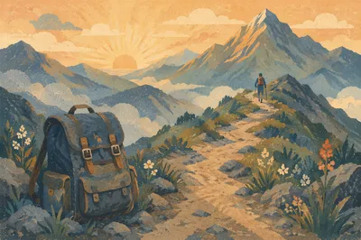 Backpack Resting on Mountain Trail at Dawn