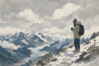 Lone Hiker on Snowy Alpine Ridge
