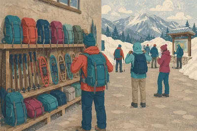 Colorful Backpacks at Alpine Trailhead