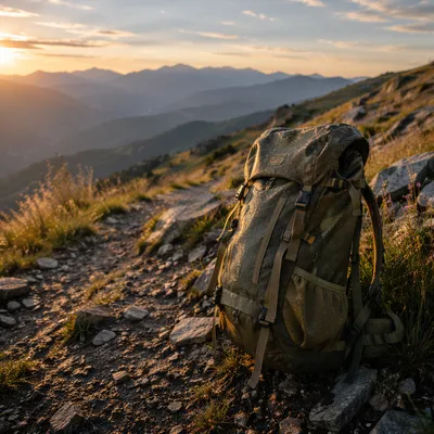Backpack Resting on Mountain Trail at Dawn