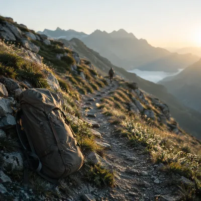 Backpack Resting on Mountain Trail at Dawn