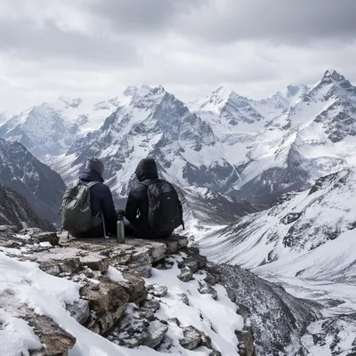 Hikers Resting on Snowy Alpine Trail