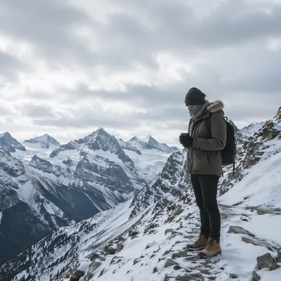 Lone Hiker on Snowy Mountain Ridge