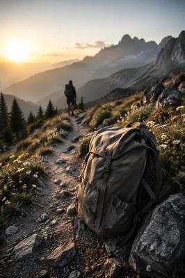 Backpack Resting on Mountain Trail at Sunrise