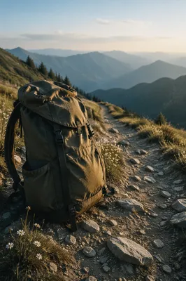 Backpack Resting on Mountain Trail at Dawn