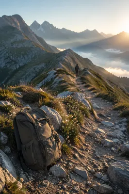 Backpack Resting on Mountain Trail at Dawn