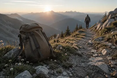 Backpack Resting on Mountain Trail at Sunrise