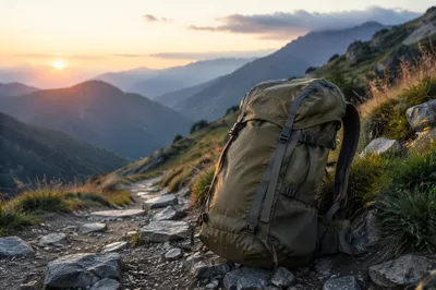 Backpack Resting on Mountain Trail at Dawn