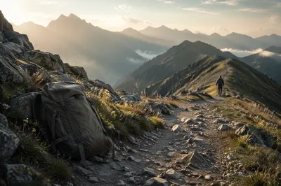 Backpack Resting on Mountain Trail at Sunrise