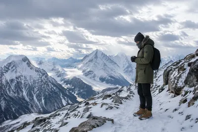 Lone Hiker on Snowy Mountain Ridge