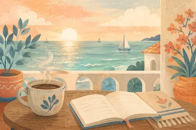 Peaceful Ocean Balcony Morning Coffee Scene